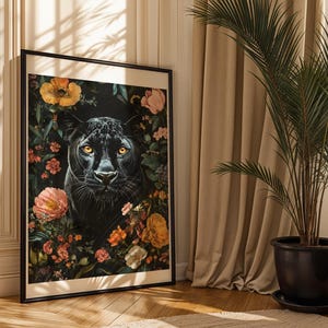 ブラックパンサーアートプリント ヴィンテージ モダンスタイル トロピカルリーフフラワー ジャングル ウォールデコ 野生動物 自然にインスパイアされたアートワーク 大型猫愛好家へのギフト