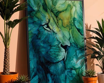 Lion Art Print Tropical Blue Green Acrylic Ink Artwork Watercolour Jungle Animal Wall Decor Safari Big Cat Poster Lion Drawing Gift for Home