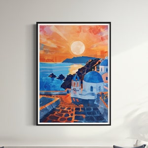 Santorini Sunset Art Print Greek Island Paradise Watercolour Mediterranean-inspired Decor Coastal Vibes Blue Domes Painting Greece Home Gift