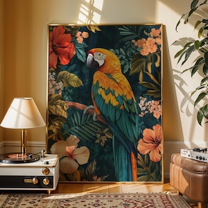 Macaw Art Print Tropical Jungle Decor Blue Parrot Painting Botanical Hibiscus Bird Decor Boho Exotic Interior Colourful Nature Artwork