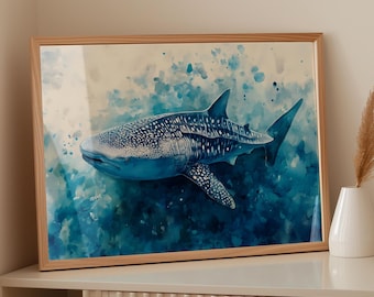 ジンベイザメの水彩画：海洋アート、海の装飾（9 x 12インチ） - Etsy 日本