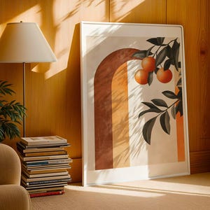 Orange Branch Art Print Modern Kitchen Wall Decor Geometric Shapes Abstract Still Life Painting Botanical Mediterranean Artwork Gift