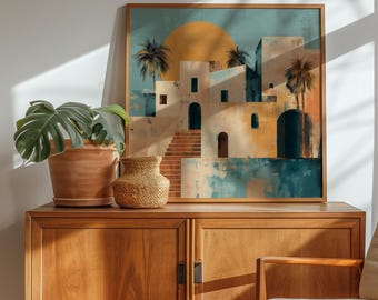 Santorini Art Print Greek Island Architecture Wall Art Coastal Home Decor Abstract Travel Poster Rustic Stairs Cycladic Greece Artwork Gift