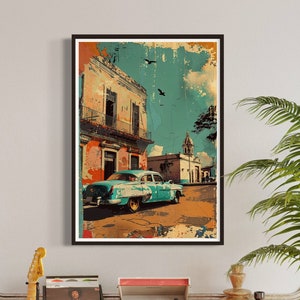 Stampa artistica di auto d'epoca blu in stile cubano, decorazione da parete della vecchia Avana, dipinto cubano invecchiato, regalo per la casa, poster di viaggio in Messico, Chevrolet