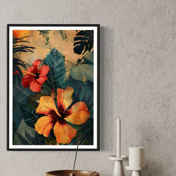 Impression d'art fleur tropicale d'hibiscus | esthétique hawaïenne | Oeuvre d'art polynésienne | Décoration murale hawaïenne | Botanique | Hula | Décoration d'intérieur florale