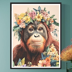 Impresión artística de corona floral de orangután, obra de arte tropical, pintura de mono, simio, estilo vintage de flores, vida silvestre, naturaleza, dibujo de animales, regalo para el hogar