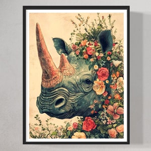 Nashorn Kunstdruck Floral Botanische Nashorn Zeichnung Kunstwerk Safari Wand Dekor Natur Inspiriert Wildtiere Malerei Tier Liebhaber Geschenk für Zuhause