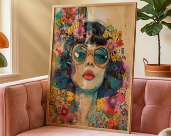 Retro Hippie Art Print Floral Artwork Boho Chic Decor Artistic Expression Bohemian Painting Psychedelic Poster Flower Power 70s Poster