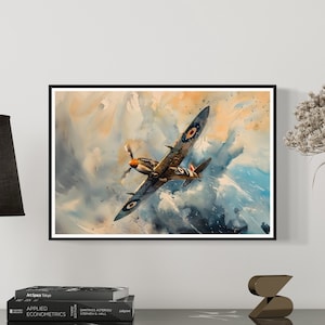 Impressão de arte Spitfire aerotransportada, avião aquarela vintage, pôster de céu alto, decoração de parede de aviação, caça da segunda guerra mundial, presente para entusiastas de avião