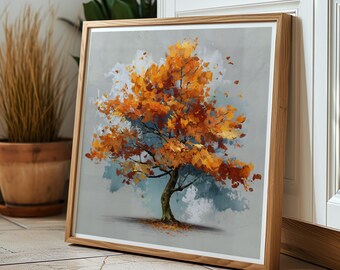 Autumn Tree Art Print Golden Orange Leaves Contemporary Nature Painting Seasonal Wall Art Modern Woodland Decor Fall Artwork