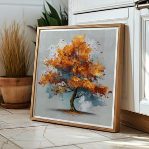 Autumn Tree Art Print Golden Orange Leaves Contemporary Nature Painting Seasonal Wall Art Modern Woodland Decor Fall Artwork