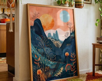 Mountain Boho Art Print with Sun Moon Flowers Bohemian Decor Free Spirit Wanderlust Colourful Wall Landscape Poster
