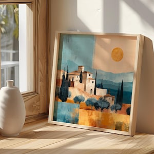 Tuscany Art Print Mediterranean Landscape Wall Decor Italian Village Painting Tuscan Sunset Countryside Illustration Rustic Boho Artwork