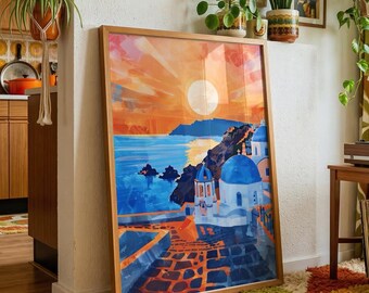 Santorini Sunset Art Print Greek Island Paradise Watercolour Mediterranean-inspired Decor Coastal Vibes Blue Domes Painting Greece Home Gift