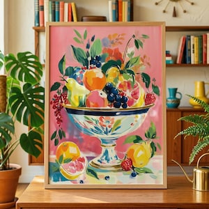 Fruit Bowl Art Print Mediterranean Kitchen Wall Art Colourful Still Life Poster French Gallery Style Artwork Tropical Fruits Wall Art