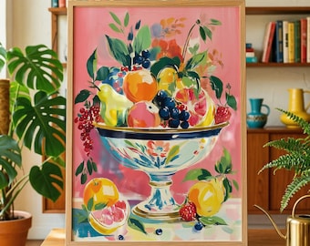 Fruit Bowl Art Print Mediterranean Kitchen Wall Art Colourful Still Life Poster French Gallery Style Artwork Tropical Fruits Wall Art