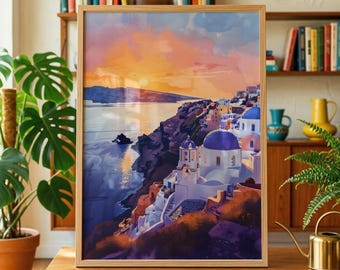 Santorini Sunset Watercolour Art Print Greek Island Seascape Decor Vibrant Sunset Blue Domes Painting Mediterranean Vibes Greece Home Gift