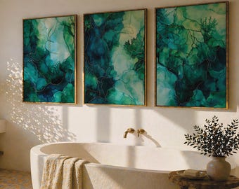Emerald Ink Abstract Wall Art Set of 3 Fluid Alcohol Ink Green Blue Teal Wall Decor Modern Contemporary Statement Prints for Living Room