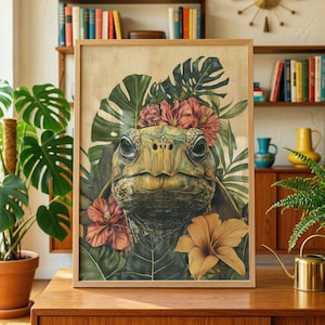 Tortoise Art Print Tropical Botanical Wall Art with Monstera Leaves HibiscusReptile Painting Exotic Animal Poster Tortoise Lover Gift