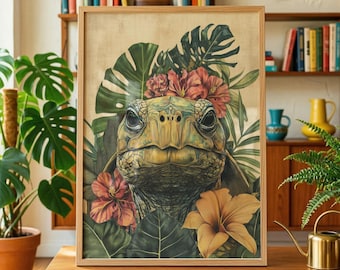 Tortoise Art Print Tropical Botanical Wall Art with Monstera Leaves HibiscusReptile Painting Exotic Animal Poster Tortoise Lover Gift