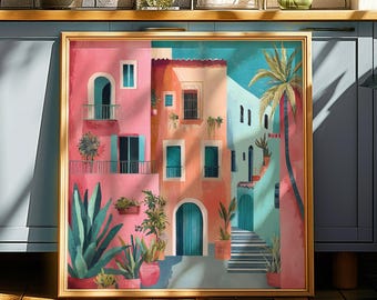 Mediterranean Town Art Print Colourful Building Wall Art Coastal Village Painting Rustic Architecture Print Botanical Courtyard Artwork