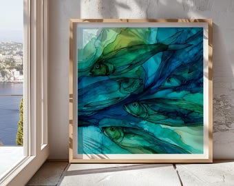 Fish Art Print Colourful Coastal Wall Decor Ocean Acrylic Ink Watercolour Painting Sea Life Tropical Blue Marine Abstract Poster Bathroom