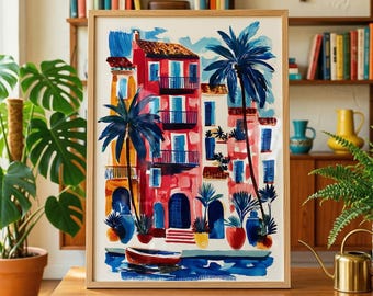 Mediterranean House Art Print Coastal Wall Art Colourful Seaside Villa Painting Palm Tree Spain Italy Greece French Riviera Home Decor