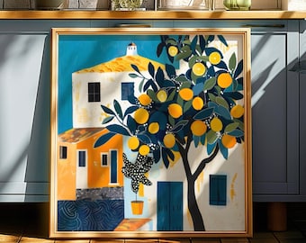 Orange Tree Abstract Art Print Mediterranean Coastal Greek Buildings Artwork Colourful Architecture Painting Kitchen Wall Clementines Poster
