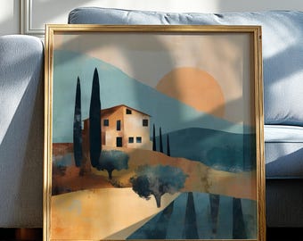 Rustic Italian Countryside Art Print Mediterranean Tuscan Farmhouse Artwork Sunset Poster Vineyard Hills Painting Olive Tree Illustration