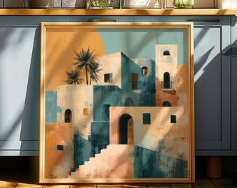 Greek Island Art Print Textured Abstract Geometric Santorini Painting Travel Greece Architecture Poster Boho Coastal Mediterranean Artwork
