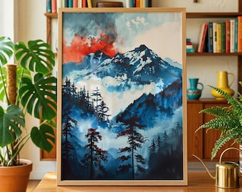 Blue Mountain Art Print Acrylic Ink Landscape Japan Travel Decor Poster Mount Fuji Watercolour Painting Forest Scene Gift for Home Office