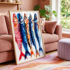 Sardine Art Print Mediterranean Kitchen Wall Art Colourful Fish Painting Coastal Food Illustration Nautical Decor Sardine Artwork Fish Art