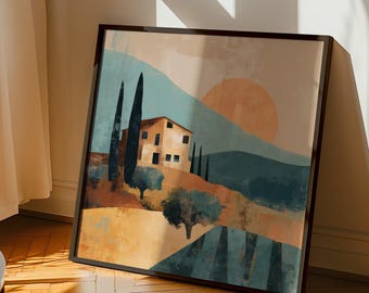Tuscany Art Print Mediterranean Landscape Wall Decor Italian Village Painting Tuscan Sunset Countryside Illustration Rustic Boho Artwork