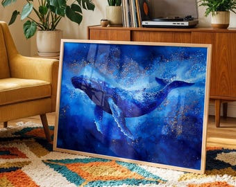 Whale Art Print Blue Ocean Acrylic Ink Watercolour Humpback Whale Wall Decor Celestial Sea Life Poster Nautical Marine Animal Artwork Gift