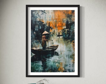 Dark Inky Style Vietnamese River Life Art Print | Traditional Longtail Boats | Home Decor | Vietnam-Inspired Artwork Souvenir | Gift