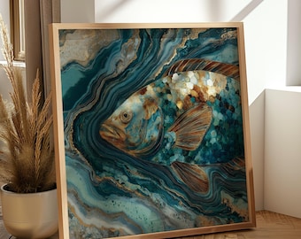 Fish Scale Art Print Teal Turquoise Gold Ocean Painting Marine Wildlife Print Coastal Water Artwork Nature  Luxury Bathroom Decor Sea life