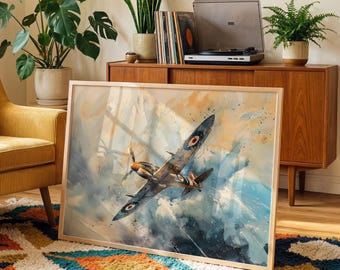 May include: A framed artwork featuring a vintage airplane in flight, set against a backdrop of blue and white hues. The artwork is displayed in a living room setting, alongside a yellow armchair, plants, and a record player.