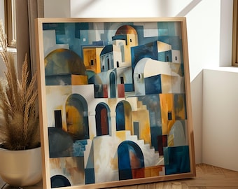 Santorini Domes Art Print Mediterranean Abstract  Blue Yellow Wall Decor Colourful Buildings Modern Artwork Greek Architecture Greece Poster
