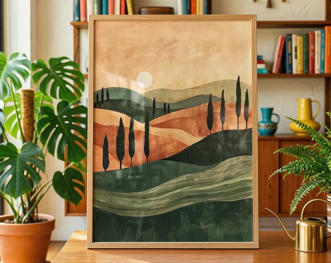 Tuscan Sunset Art Print Tuscany Painting Italian Landscape Cypress Trees Artwork Travel Italy Poster Abstract Mediterranean Earthy Decor