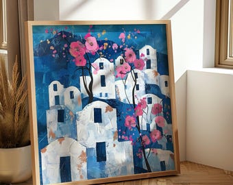 Santorini Blue Domes Art Print Mediterranean Decor Greek Architecture Pink Bougainvillea Painting Greece Poster Bathroom Artwork