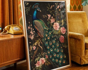 Peacock Art Print Peacock Wall Art Blue Peacock Painting Bird Illustration Wildlife Artwork Botanical Flowers Nature Inspired Home Decor