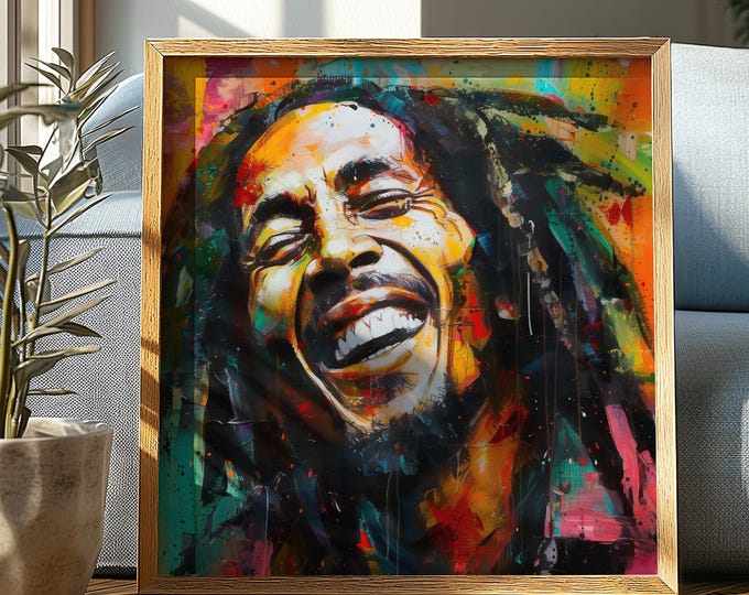 Laughing Bob Marley Art Print Colourful Reggae Icon Portrait Painting Music Legend Poster Vibrant Wall Design Decor Gift for Music Lover