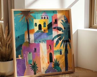 Colourful Buildings Abstract Art Print Palm Trees Painting Tropical Mediterranean Wall Decor Colour Pop Travel Poster Holiday Vibes Artwork