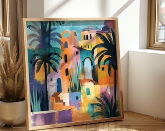 Mediterranean Abstract Art Print Colourful Buildings & Palm Trees Painting Tropical Wall Decor Colour Pop Travel Poster Holiday Vibes