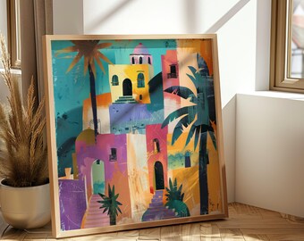 Colourful Buildings Abstract Art Print Palm Trees Painting Tropical Mediterranean Wall Decor Colour Pop Travel Poster Holiday Vibes Artwork