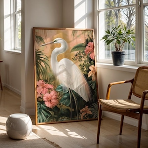 Great egret art print featuring a graceful white heron standing among lush tropical leaves and colourful flowers. Detailed wildlife artwork with elegant composition, perfect for bird lovers and nature enthusiasts. Botanical tropical painting that adds sophistication and serenity to any living room, bedroom, office, or nursery, creating a calming atmosphere. Wildlife inspired wall decor that highlights the beauty of the egret and the harmony of nature through vibrant colours and refined design.