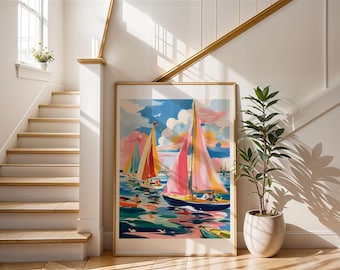 Sailboat Regatta Art Print Coastal Nautical Wall Art Colourful Boats Painting Seaside Home Decor Mediterranean Ocean Sailing Artwork