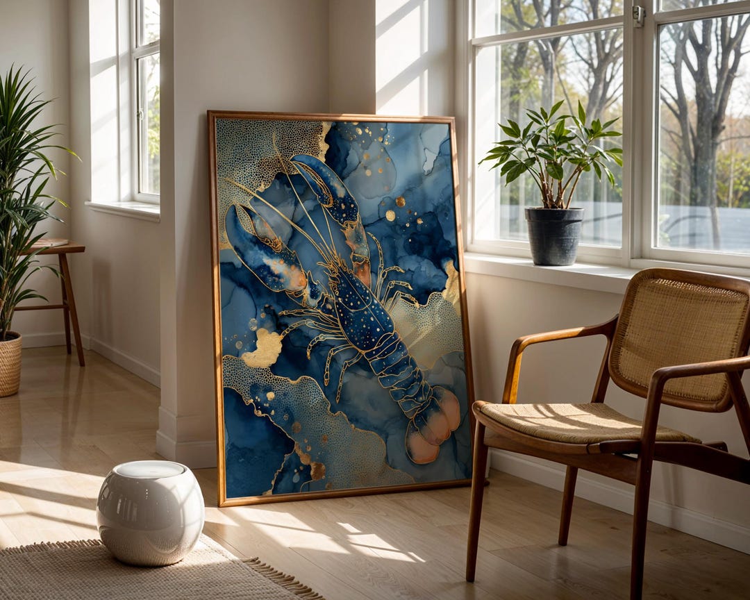 Lobster Art Print Blue and Gold Coastal Wall Art Ocean Nautical Decor ...