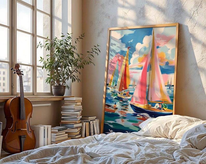 a bedroom with a large painting of sailboats on the wall, a wooden bed with white sheets, a potted plant, and a stack of books.