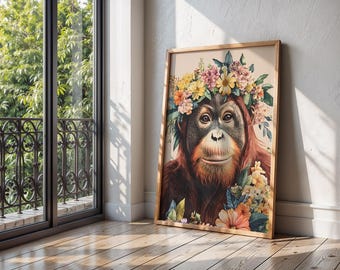 オランウータンの絵画、オランウータンのアート、母親と赤ちゃん、子供